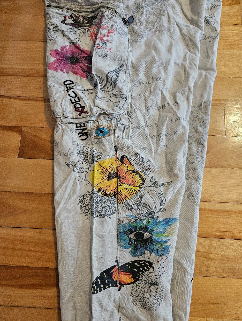 Desigual Trousers Miner-Style Pants Beige With Gorgeous Flowers Butterflys Eyes - Picture 6 of 9